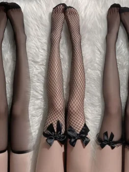 Black White Sexy Overknee Long Socks Women Sweet Girls Lolita Bowknot Thigh High Fishnet Stockings Gothic Punk Lace Mesh Legging