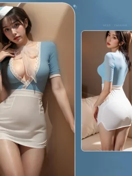 Cosplay costumes Tight Deep V Lace Short Bag Hip Skirt Flight Attendant Uniform Temptation youth sexy lingerie sexy hot Sex shop