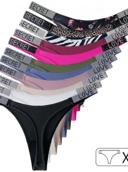 5Pcs Low Waist Sexy Panties Women Thongs Rhinestones Letter Diamonds G-string Sports Thong Shorts Briefs T-back Size S-XL