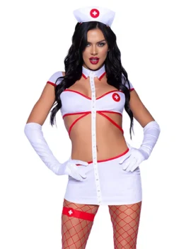 6 Piece Women Doctor Uniform Cosplay Sexy Lingerie Nurse Costume Halter Bandage Bra With Short Skirt Gloves Fishnet Stocking Set