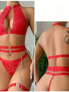 Women's lingerie set transparent mesh lace steel chain bra thong lingerie sexy bra