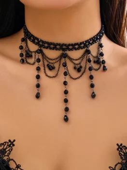 Creative Goth Black Water Drop Crystal Tassel Pendant Choker Necklace Women Collares Vintage Clavicle Chain Halloween Jewelry