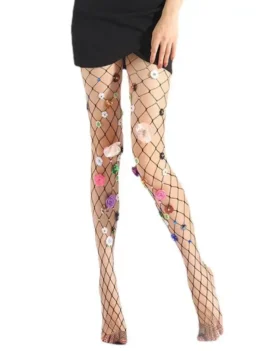 P88B Women Glitter Sequins Flower Mesh Tights Sexy Hollow Out Pantyhose Multicolor for Rhinestone Jewelry Nightclub