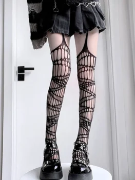 Japanse Harajuku Hollow Netkousen Stocking Panty Vrouwen Mode Hollow Out Black JK Gothic Full Body Netkousen Stockings Panty